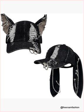 Y2K Grunge Denim Baseball Cap with Ears Punk Chain Hat